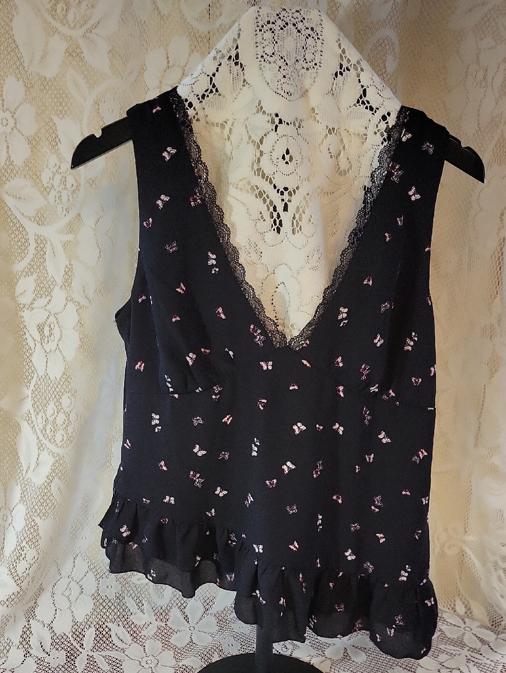 wild fable Black Camisole with Pink Floral Accents and Lace V-Neck